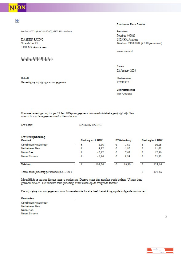 Netherlands NUON gas business utility bill template in Word and PDF format in Dutch language
